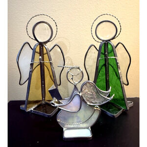 Set of 3 Vintage Stained Glass Angels Green Yellow Mother of Pearl Free Standing